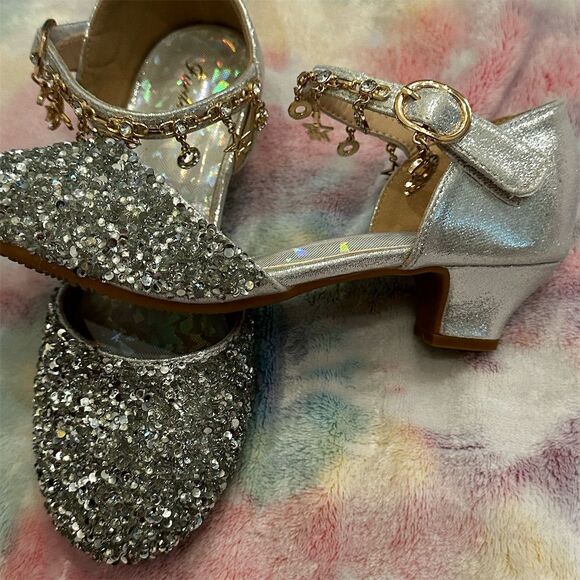 Girls Gold/Silver Sparkly Princess Shoes Size 3 with Rhinestones and Charms - Picture 2 of 5